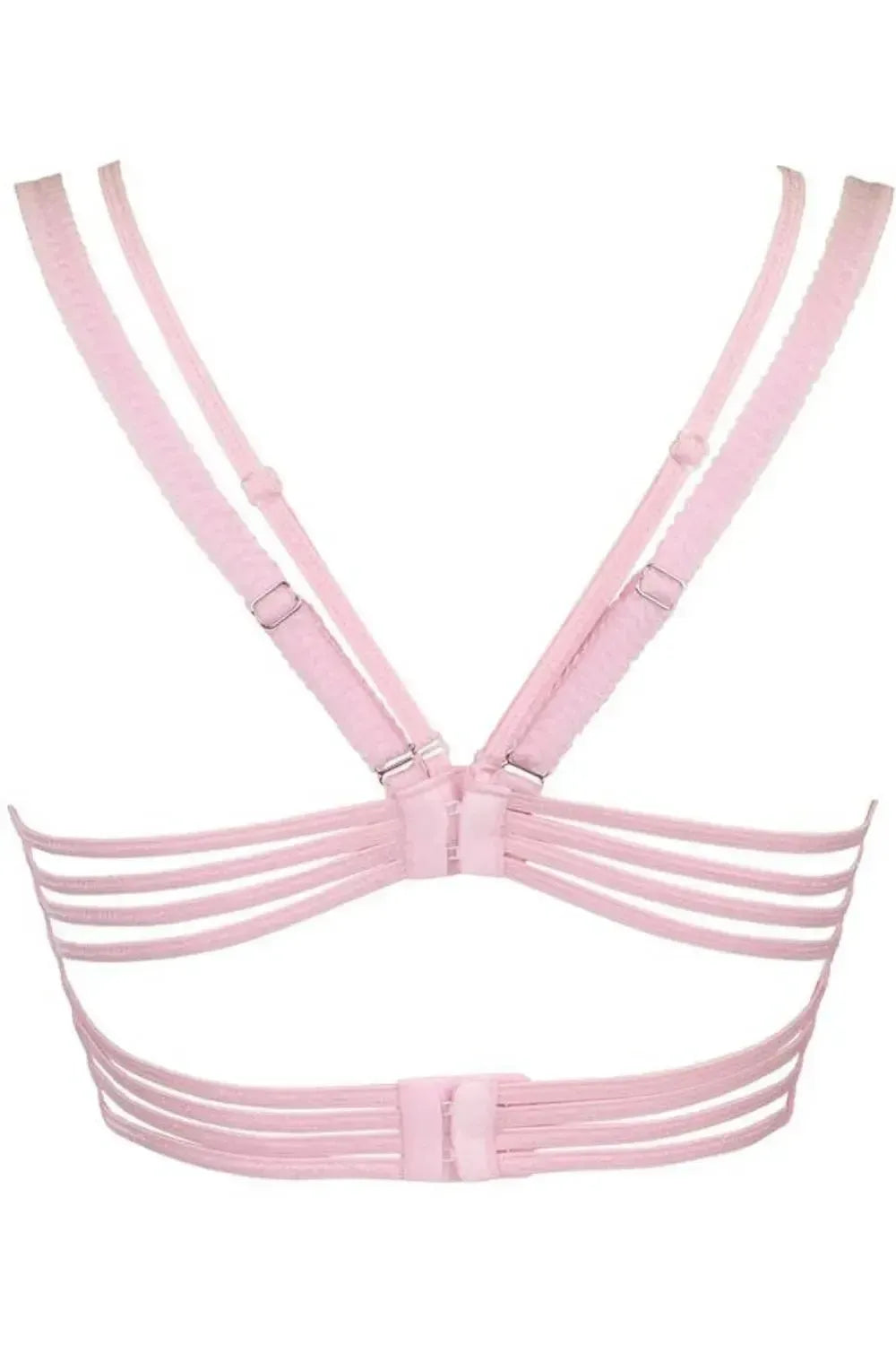 Back view of Axami Strawberry Shortcake longline corset bra with pink lace and adjustable straps.