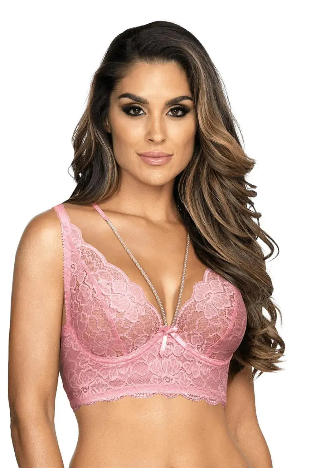 Gorgeous Axami Strawberry Shortcake pink lace longline corset bra with pearl straps and underwired cups.