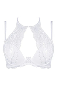 Heavenly white high-neck lace push-up bra with dramatic design and customizable lift.