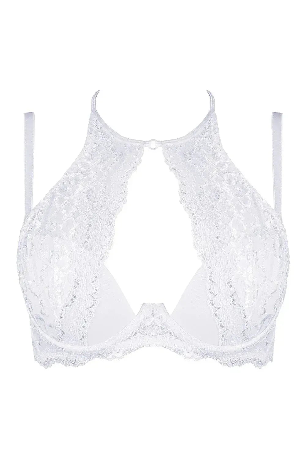 Heavenly white high-neck lace push-up bra with dramatic design and customizable lift.