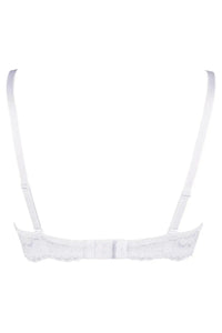 Back view of a heavenly white lace push-up bra with adjustable straps and hook-and-eye closure.