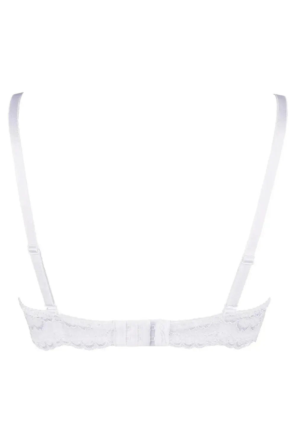 Back view of a heavenly white lace push-up bra with adjustable straps and hook-and-eye closure.