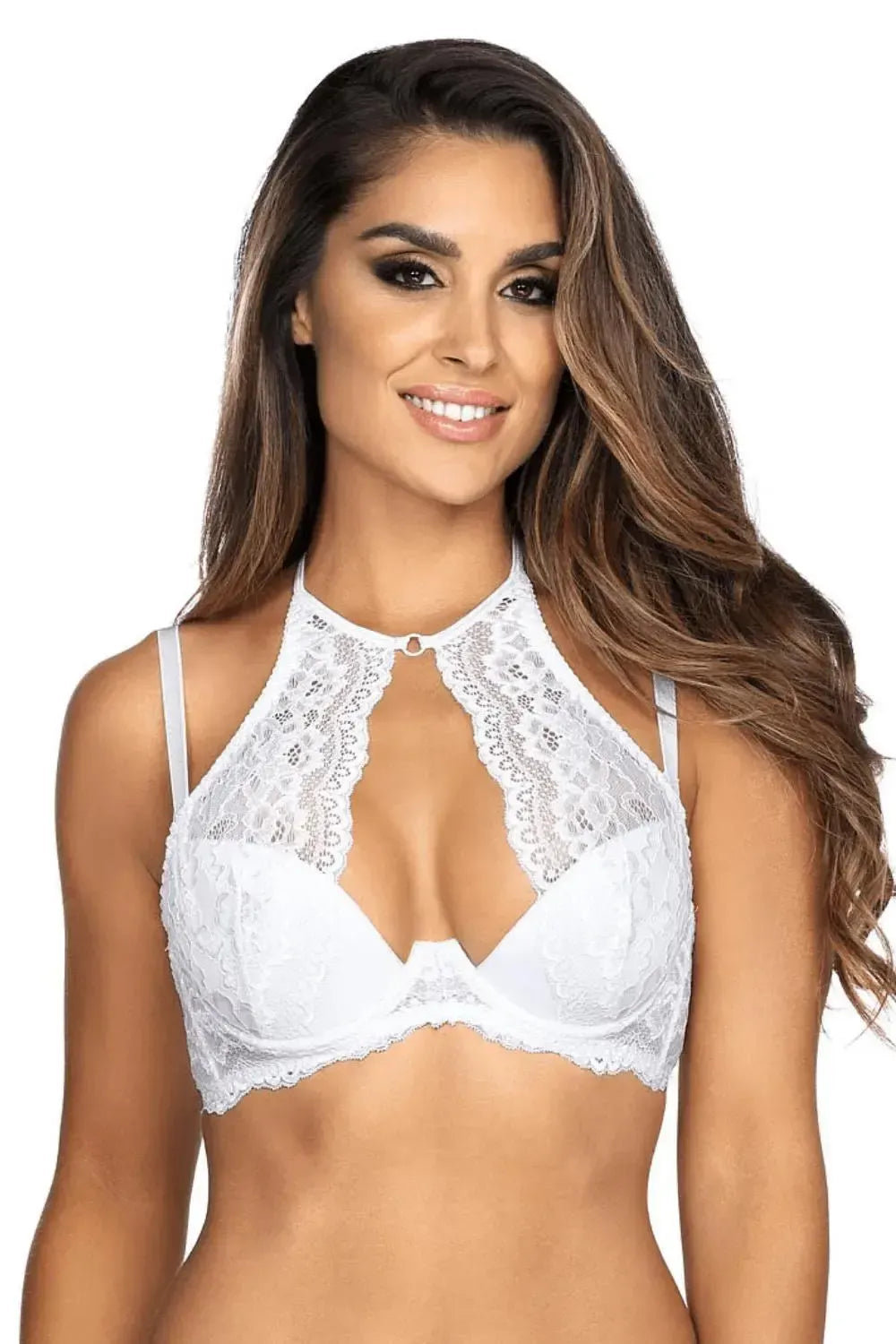 Heavenly white high-neck lace push-up bra with dramatic neckline, perfect for a Summer Bride.