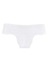 Delicate white lace Brazilian cheekini bikini thong with scalloped edges for bridal elegance.