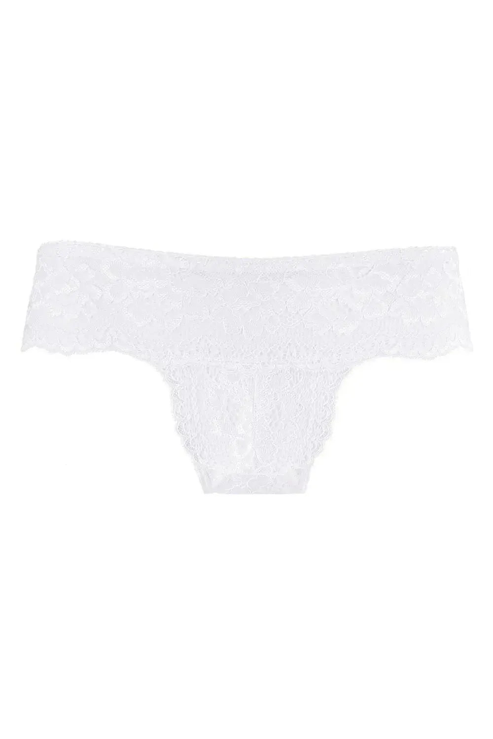 Delicate white lace Brazilian cheekini bikini thong with scalloped edges for bridal elegance.