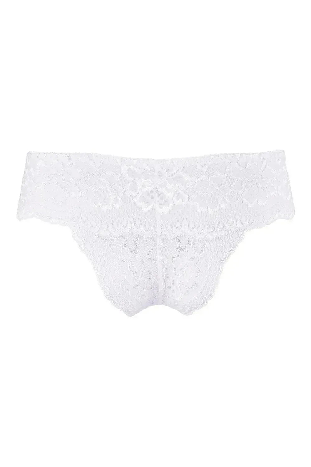 Delicate white lace Brazilian cheekini bikini with floral details, perfect for a Summer Bride.