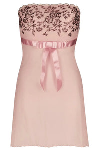 Heavenly light powder pink babydoll with rose gold embroidery, transparent tulle, and a satin bow.