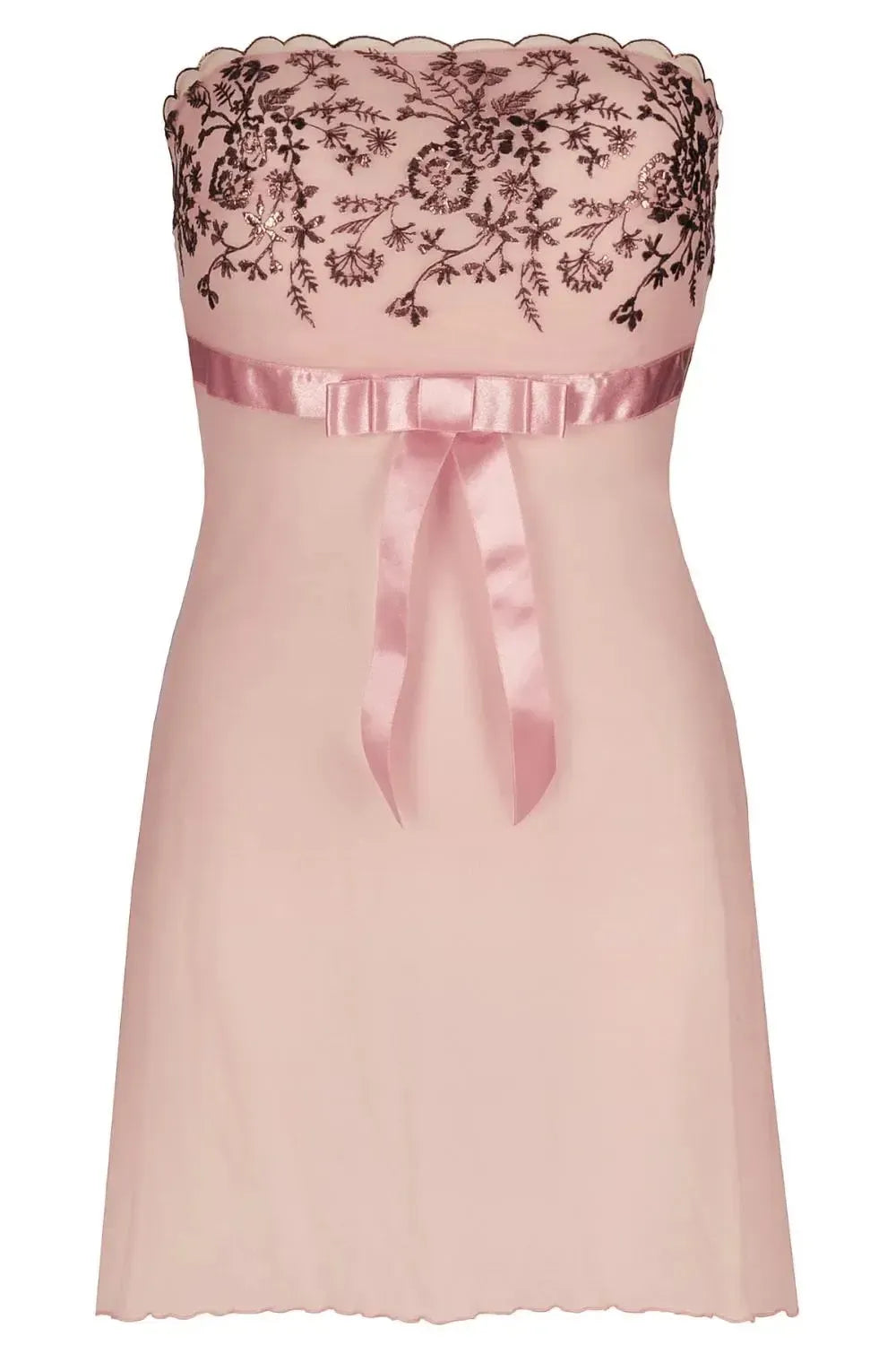 Heavenly light powder pink babydoll with rose gold embroidery, transparent tulle, and a satin bow.
