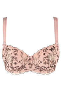 Summer Love balconette push-up bra in powder pink with rose gold floral embroidery and delicate lace.