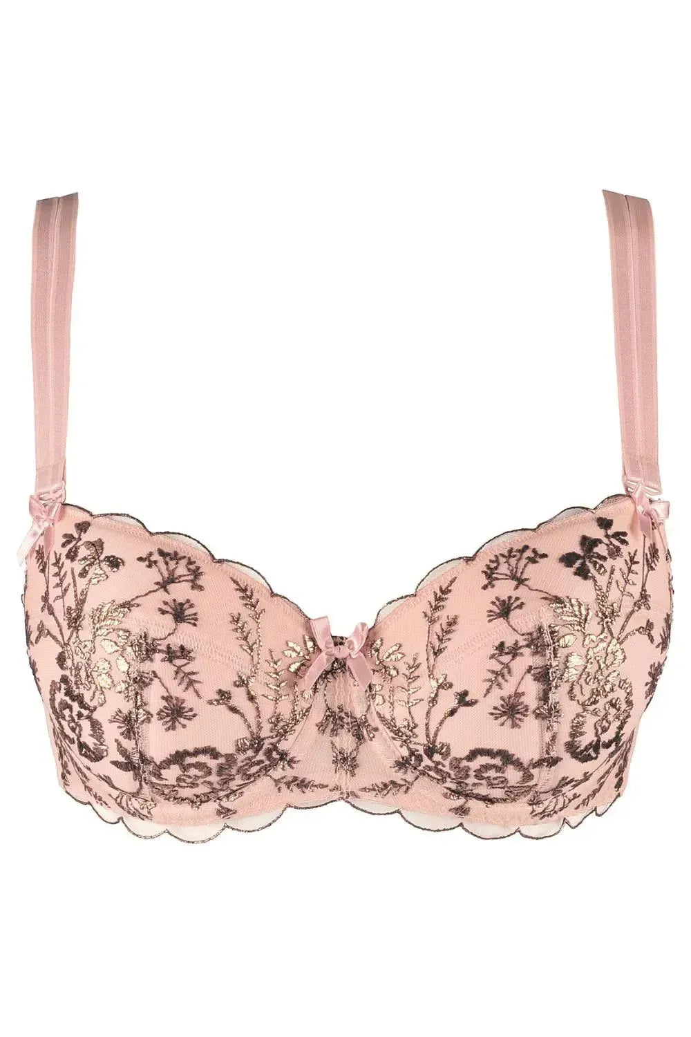 Summer Love balconette push-up bra in powder pink with rose gold floral embroidery and delicate lace.
