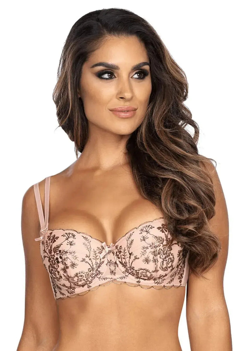 Summer Love balconette push-up bra in powder pink with rose gold embroidery and delicate lace.