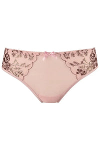Powder pink Axami briefs with golden floral embroidery, delicate tulle, and a charming front bow.
