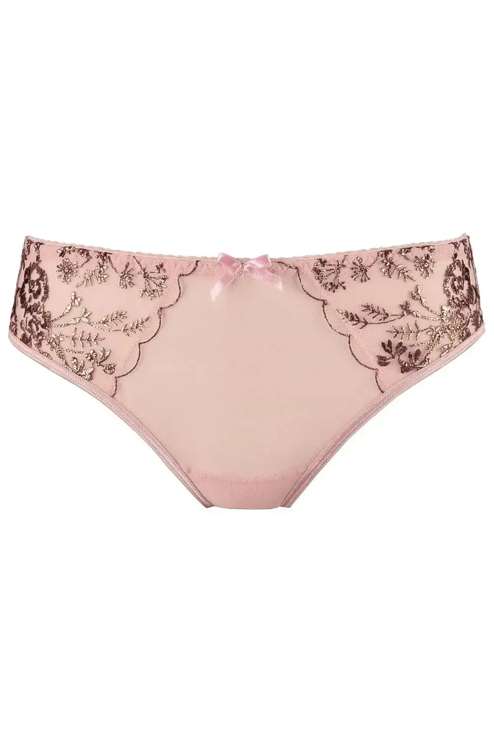 Powder pink Axami briefs with golden floral embroidery, delicate tulle, and a charming front bow.
