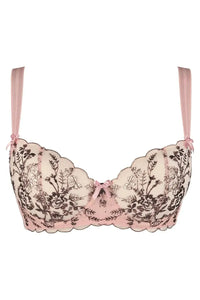 Axami Summer Love sheer unlined balconette bra with lavish golden embroidery on powder pink.
