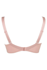Back view of Axami Summer Love sheer unlined balconette bra in powder pink with rose gold details.