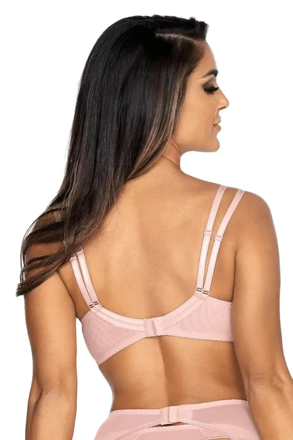 Back view of a woman wearing the Summer Love sheer unlined balconette bra in powder pink with rose gold details.
