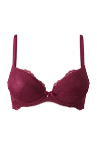 Burgundy Superboost Lace Foil Plunge Bra with push-up pads, feminine lace, and golden Gossard 'G' detail.