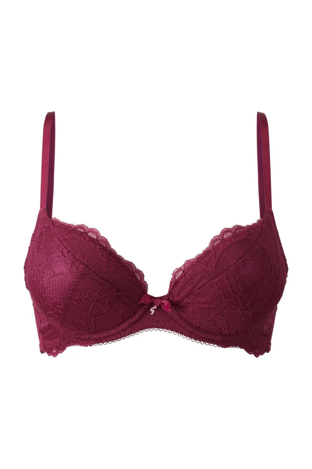 Burgundy Superboost Lace Foil Plunge Bra with push-up pads, feminine lace, and golden Gossard 'G' detail.