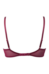 Burgundy Superboost Lace Foil Plunge Bra, showcasing supportive mesh back wings and adjustable straps.