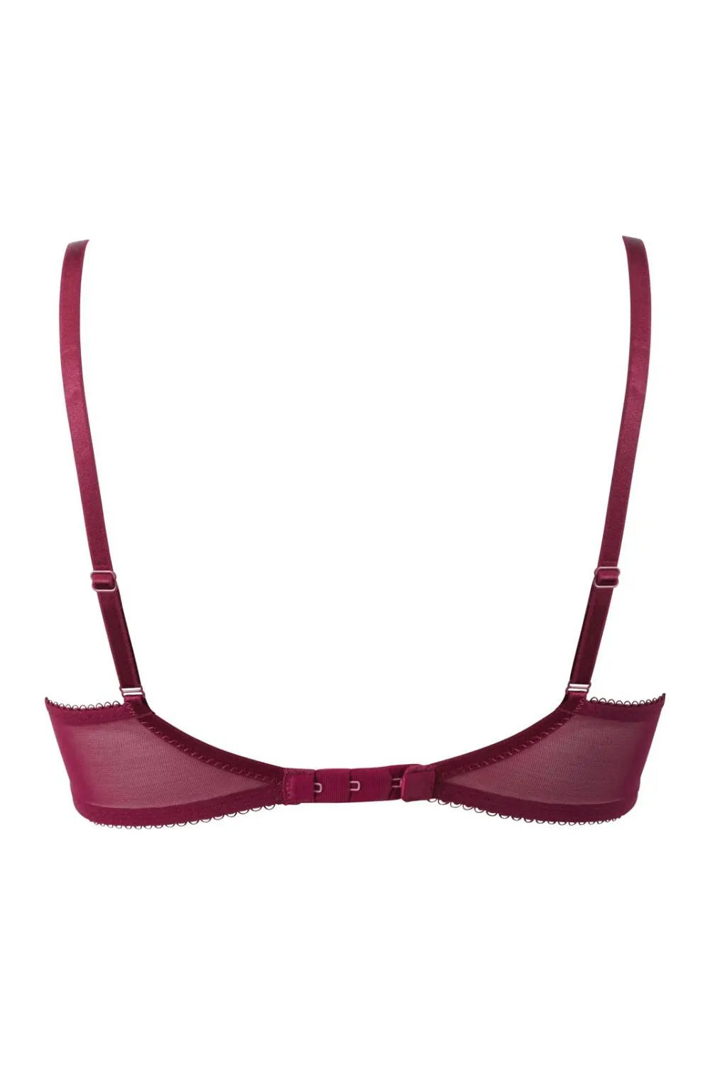 Burgundy Superboost Lace Foil Plunge Bra, showcasing supportive mesh back wings and adjustable straps.