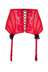 Red Axami Tao high-waisted garter belt with black corset lacing and lace detail.