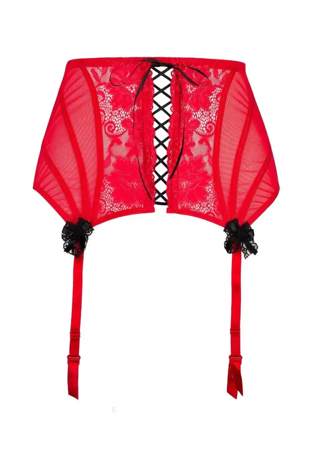 Red Axami Tao high-waisted garter belt with black corset lacing and lace detail.