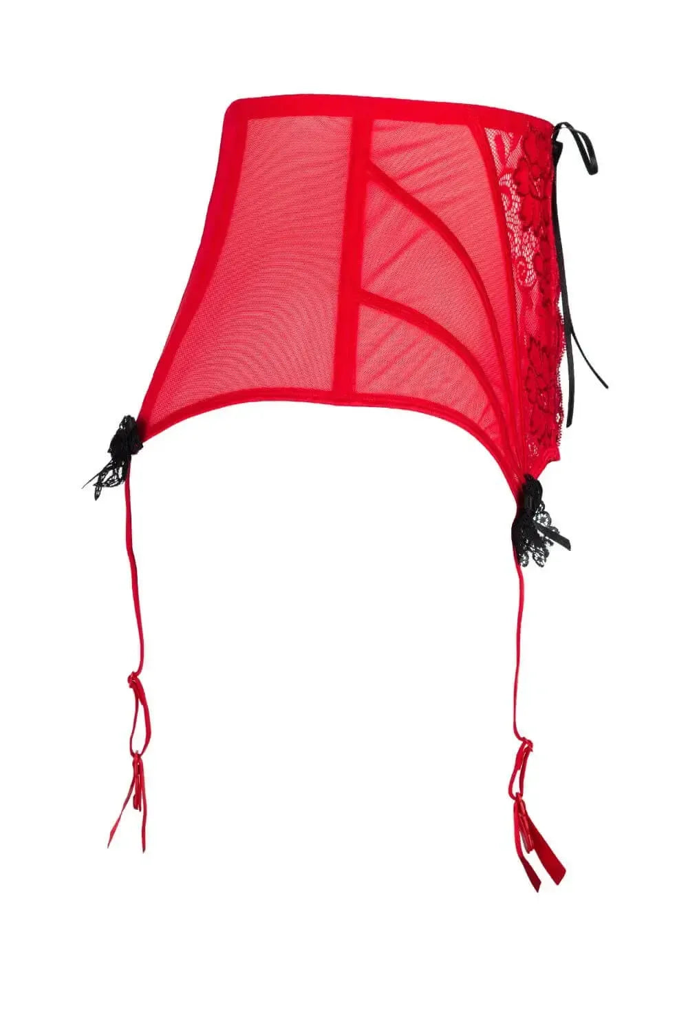Axami Tao red lace high-waisted garter belt with black corset binding and adjustable straps.