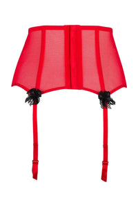 Axami Tao red lace high-waisted garter belt with black corset binding and adjustable straps.