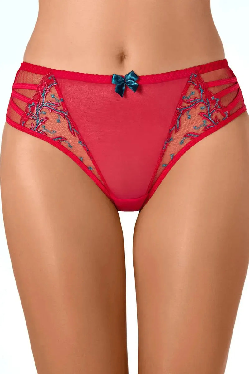 Elegant red Axami Tiger Lily bikini briefs with teal embroidery and a matching bow, crafted from silky smooth fabric.