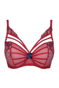 Tiger Lily sheer mesh unlined bra in vivid red with royal blue embroidery and delicate decoration.