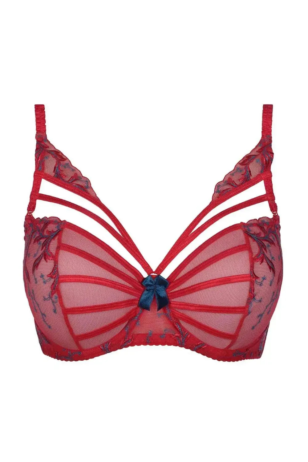 Tiger Lily sheer mesh unlined bra in vivid red with royal blue embroidery and delicate decoration.