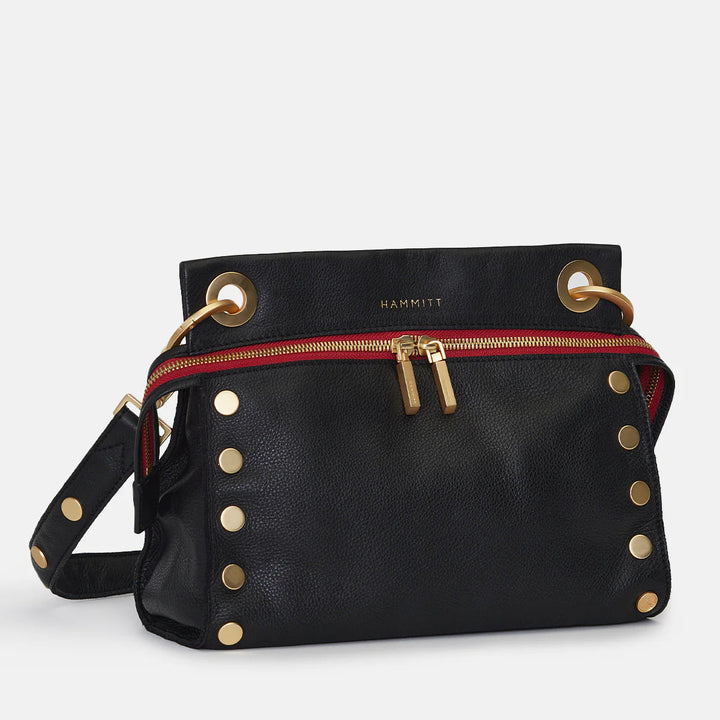 Hammitt Tony Med Signature Crossbody Leather Handbag Black/Brushed Gold Red Zip