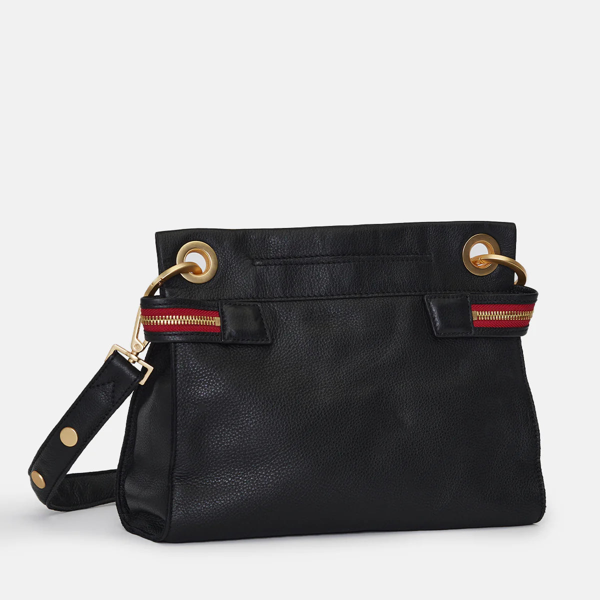 Hammitt Tony Med Signature Crossbody Leather Handbag Black/Brushed Gold Red Zip-Rebel Romance
