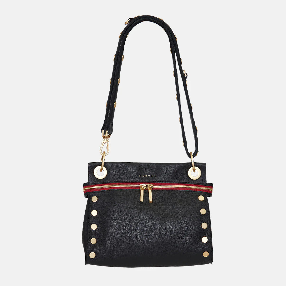 Hammitt Tony Med Signature Crossbody Leather Handbag Black/Brushed Gold Red Zip-Rebel Romance