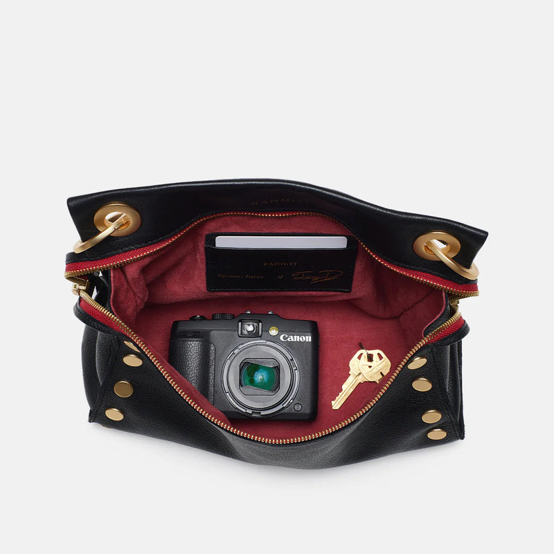 Hammitt Tony Med Signature Crossbody Leather Handbag Black/Brushed Gold Red Zip-Rebel Romance
