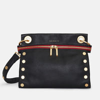 Hammitt Tony Med Signature Crossbody Leather Handbag Black/Brushed Gold Red Zip-Rebel Romance