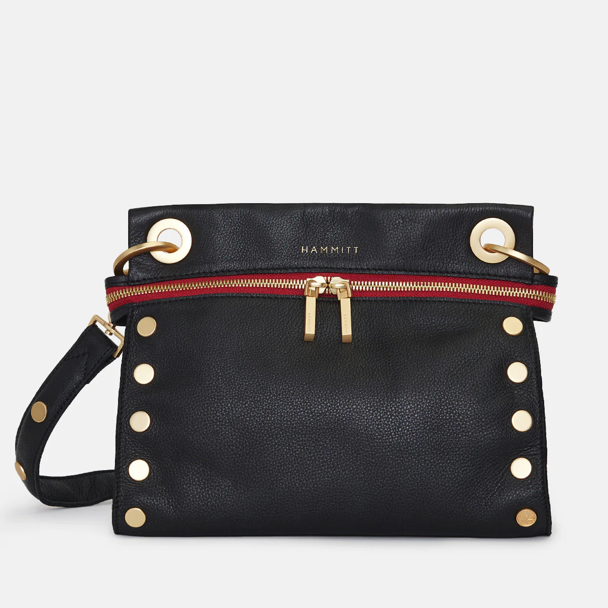 Hammitt Tony Med Signature Crossbody Leather Handbag Black/Brushed Gold Red Zip-Rebel Romance