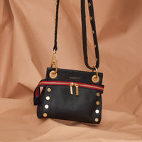 Hammitt Tony Sml Signature Crossbody Leather Handbag Black/Brushed Gold Red Zip-Rebel Romance