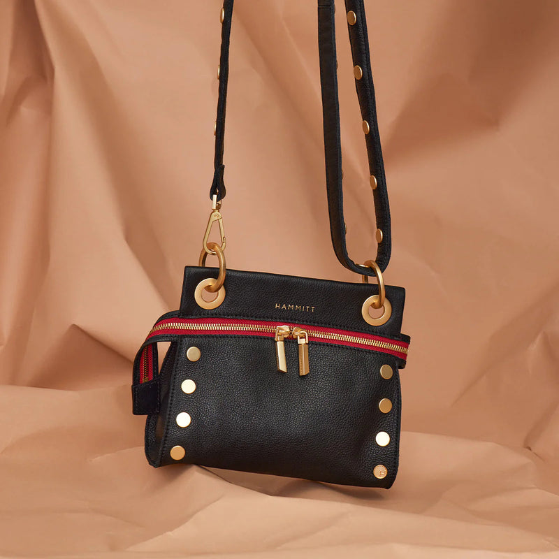 Hammitt Tony Sml Signature Crossbody Leather Handbag Black/Brushed Gold Red Zip-Rebel Romance