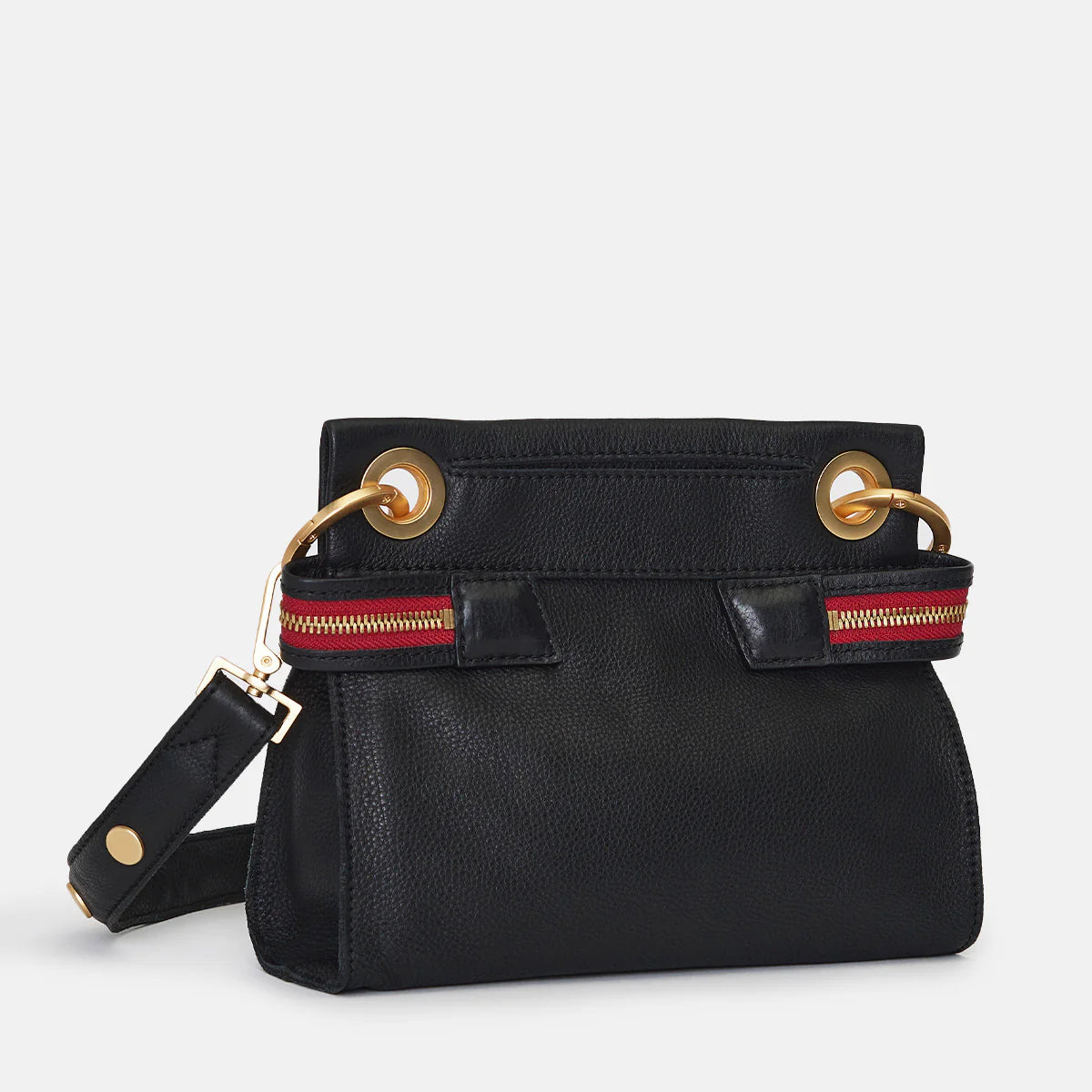 Hammitt Tony Sml Signature Crossbody Leather Handbag Black/Brushed Gold Red Zip-Rebel Romance