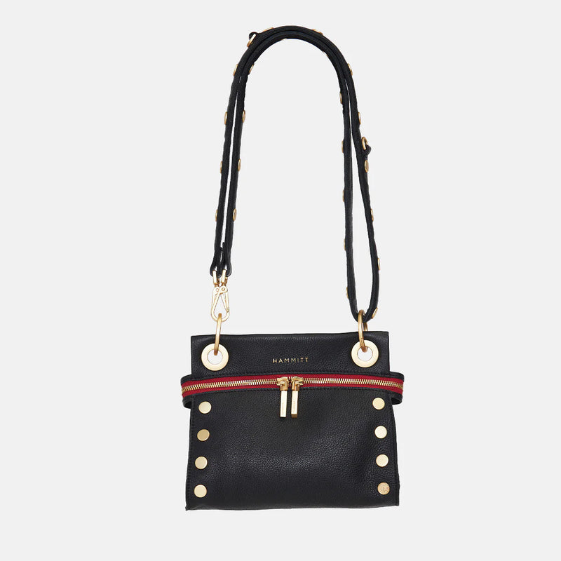 Hammitt Tony Sml Signature Crossbody Leather Handbag Black/Brushed Gold Red Zip-Rebel Romance