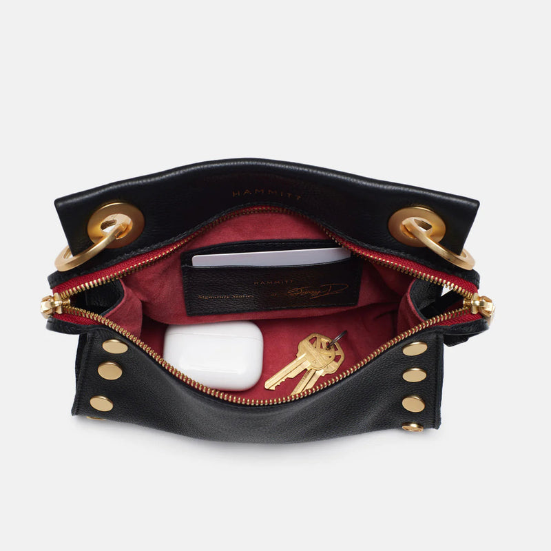 Hammitt Tony Sml Signature Crossbody Leather Handbag Black/Brushed Gold Red Zip-Rebel Romance