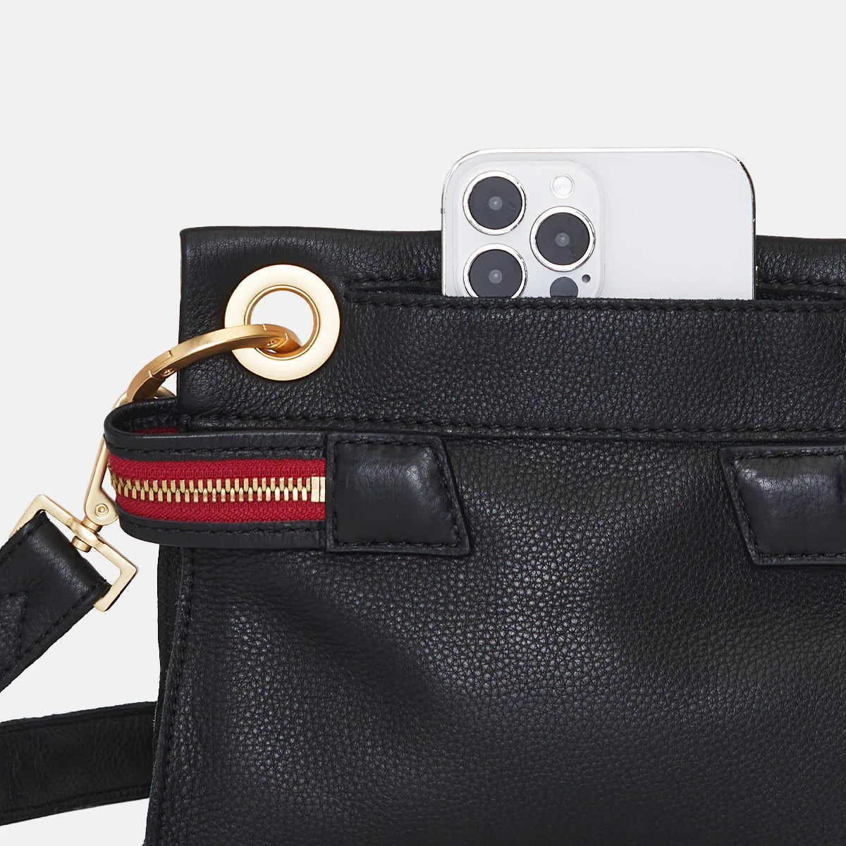 Hammitt Tony Sml Signature Crossbody Leather Handbag Black/Brushed Gold Red Zip-Rebel Romance