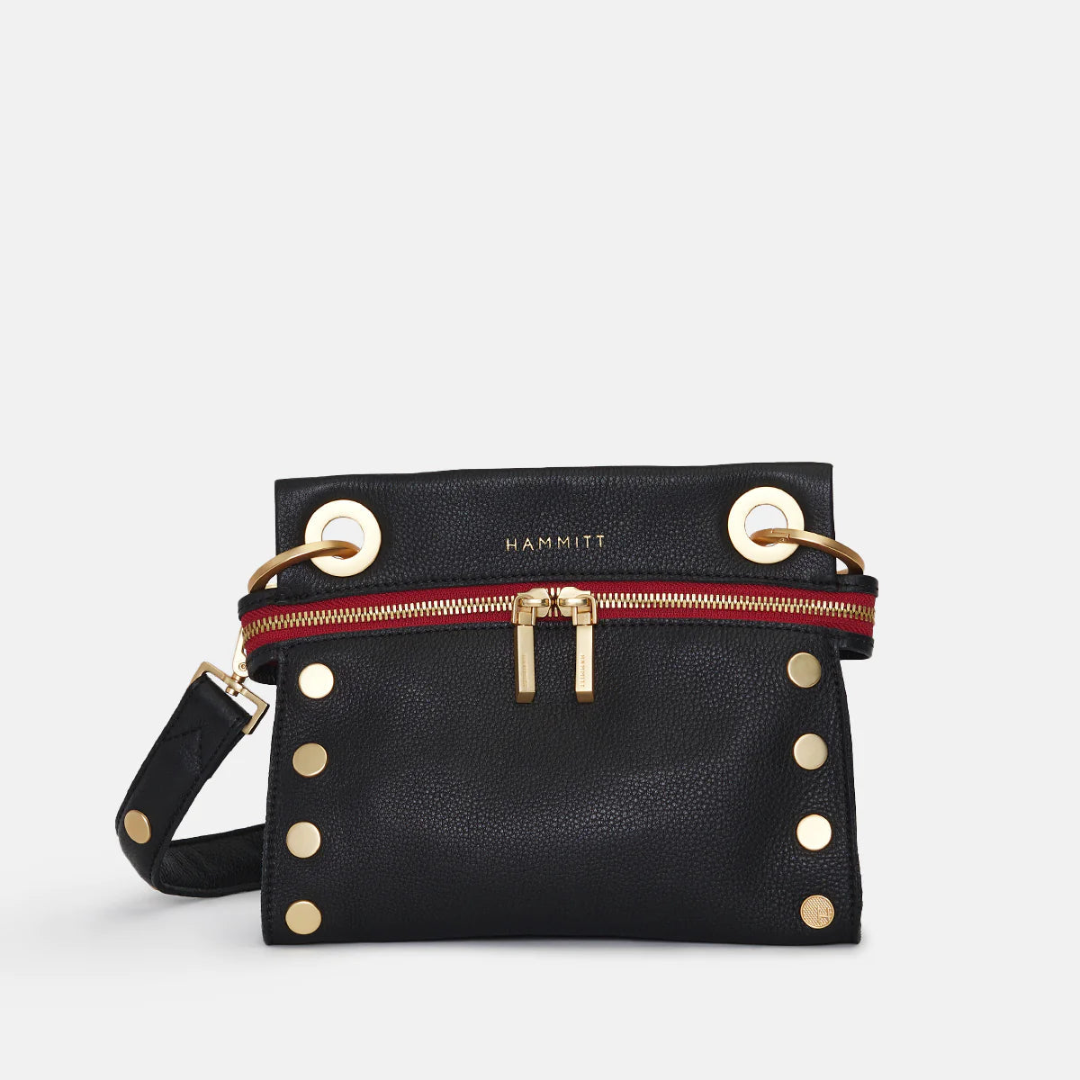 Hammitt Tony Sml Signature Crossbody Leather Handbag Black/Brushed Gold Red Zip-Rebel Romance