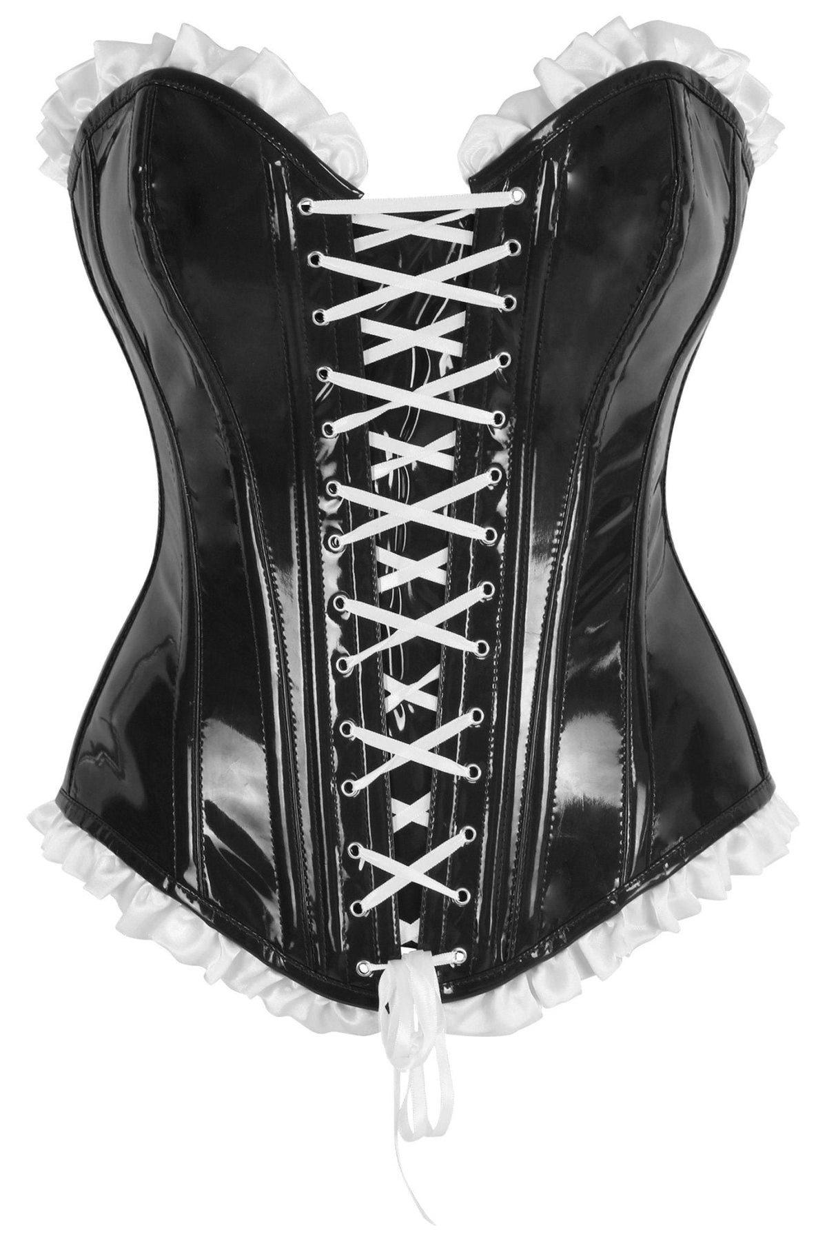 Top Drawer 2 PC Steel Boned Black Vinyl Patent Corset & Striped Bloomers Set