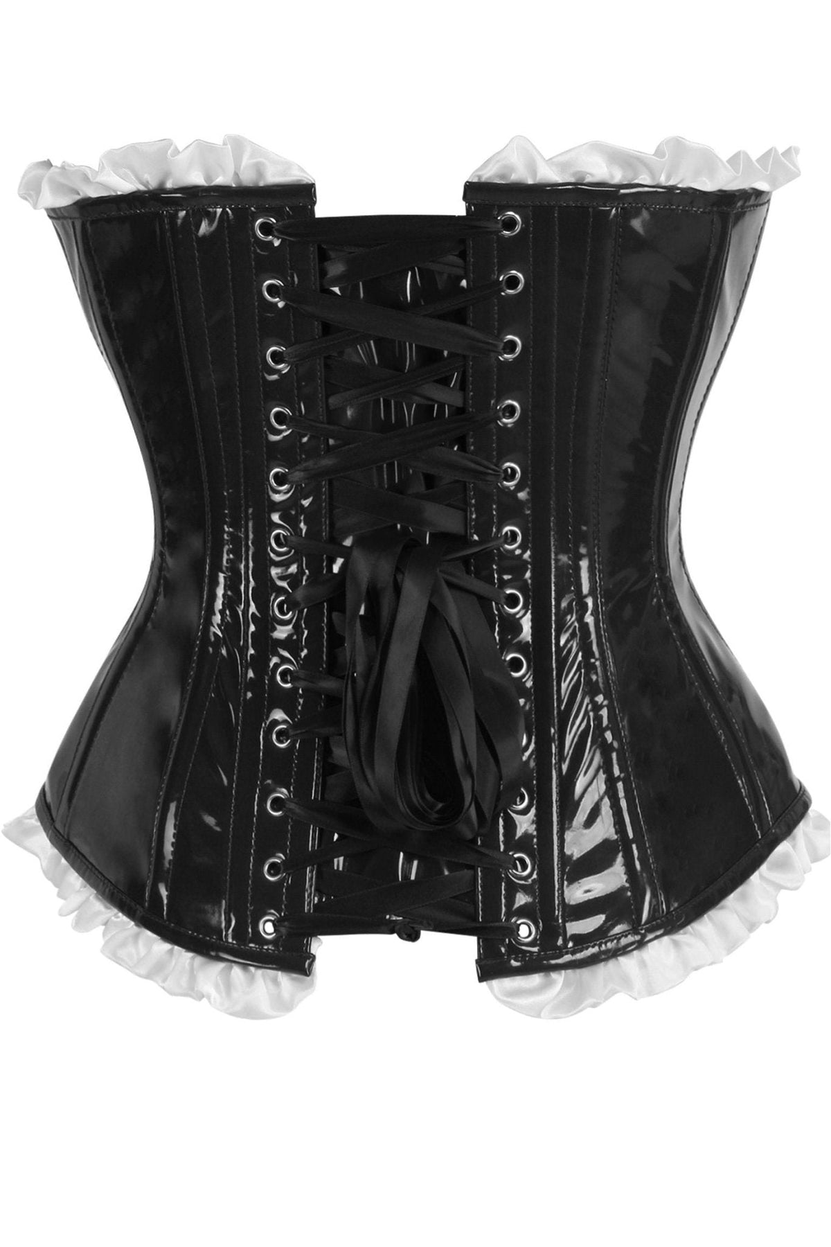Top Drawer 2 PC Steel Boned Black Vinyl Patent Corset & Striped Bloomers Set