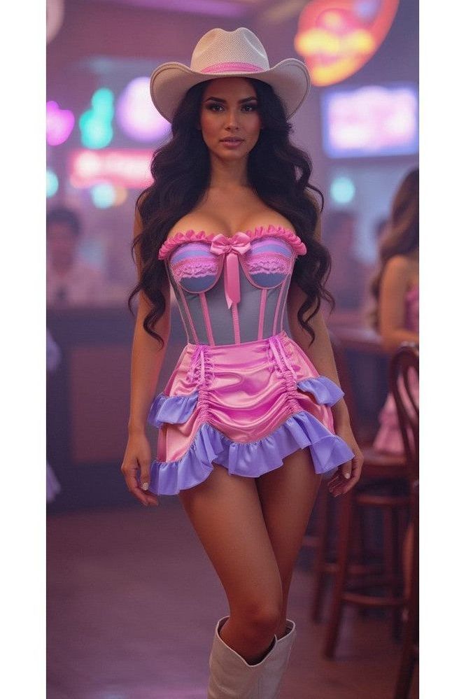 Top Drawer 2 PC Steel Boned Purple/Pink Mesh Underwire Bustier Corset & Skirt Set TD-473-ACC-366