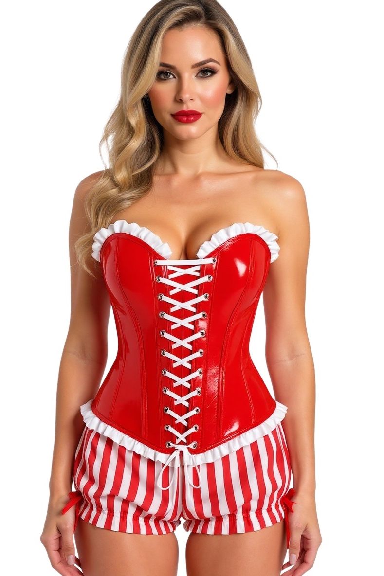 Top Drawer 2 PC Steel Boned Red Vinyl Patent Corset & Striped Bloomers Set
