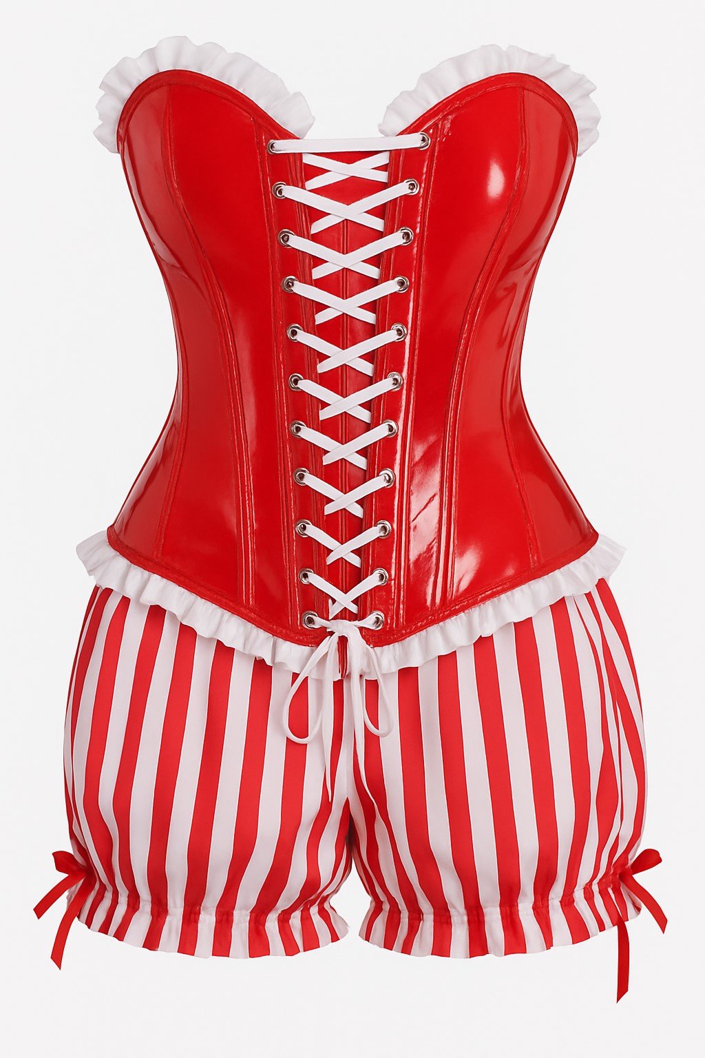 Top Drawer 2 PC Steel Boned Red Vinyl Patent Corset & Striped Bloomers Set