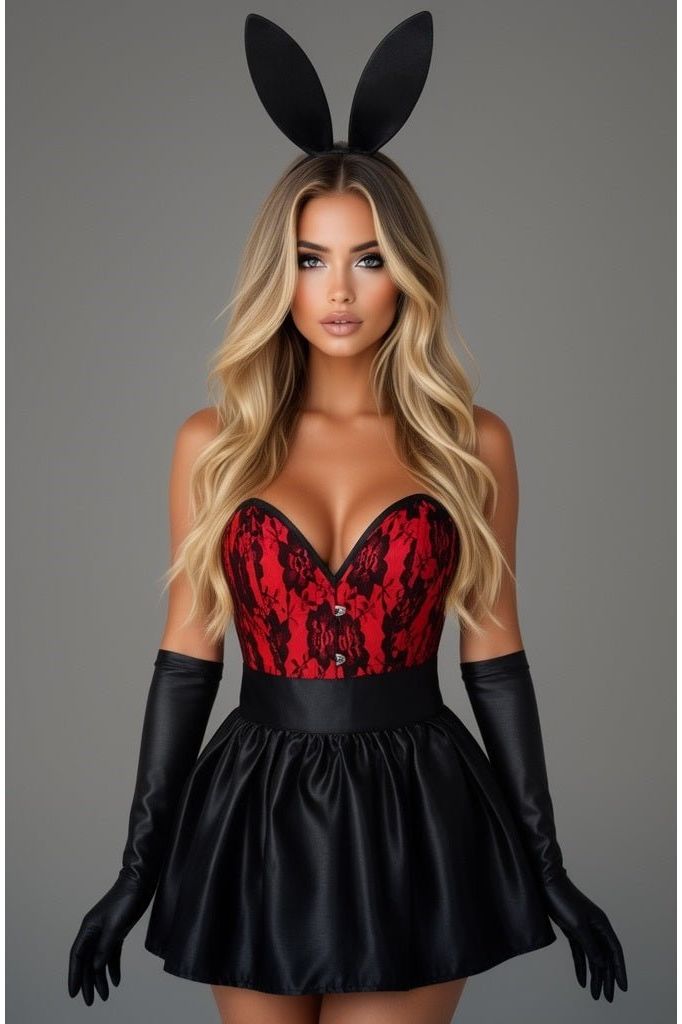 Top Drawer 5 PC Premium Boudoir Bunny Corset Costume Red